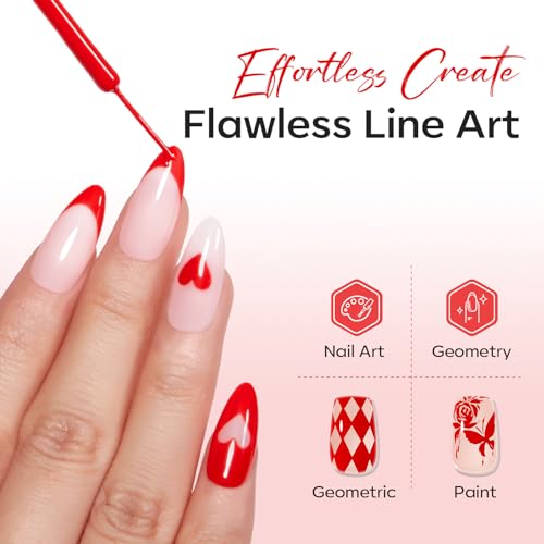 Image of modelones Red French Tip Liner Gel Polish 15ml Built-in Fine Brush | Bright Apple Red Nail Art Gel Paint Swirl Fine Line Design Easy Draw Long Lasting Soak Off U V Cure DIY Home Salon Manicure