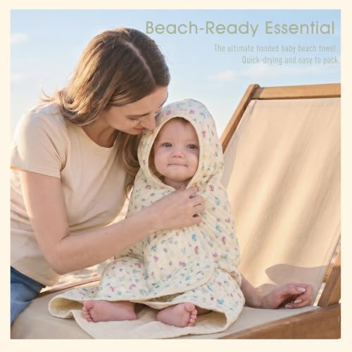 Image of Muslin Baby Hooded Towel, Wildflower Floral, 32 inchx32 inch | 70% Organic Cotton & 30% Viscose from Bamboo, 6-Layer Fabric, Soft for Bath & Beach, Eco Kraft Gift Box