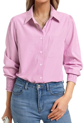 Enmain Camisa Mujer Manga Larga de Rayas Elegante Rosa Camisas con Botones Blusa con Cuello V Informal Básica Trabajo Empresa, XL