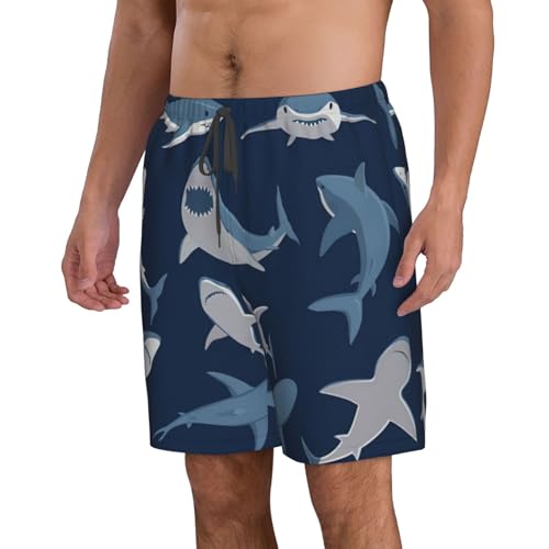 Blue Cartoon Shark Print Men's Swim Trunks | Quick Dry Drawstring Beach Shorts2