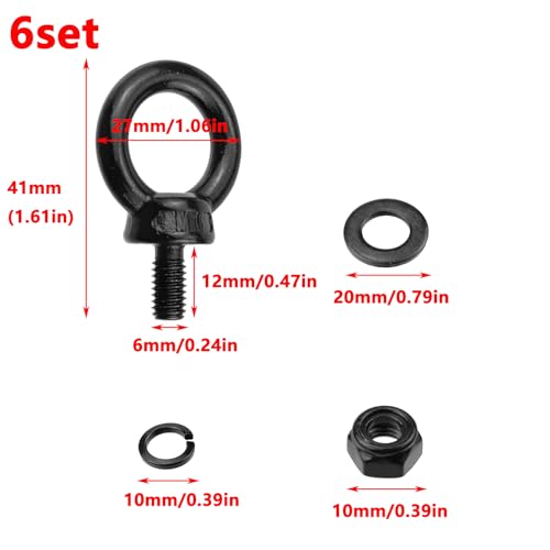Image of Antrader Lifting Shoulder Eye Bolts,M6 Machinery Shoulder Lifting Eye Bolt | Black Bolt with Lock Nuts,Lock Washers,Flat Washers,6Sets