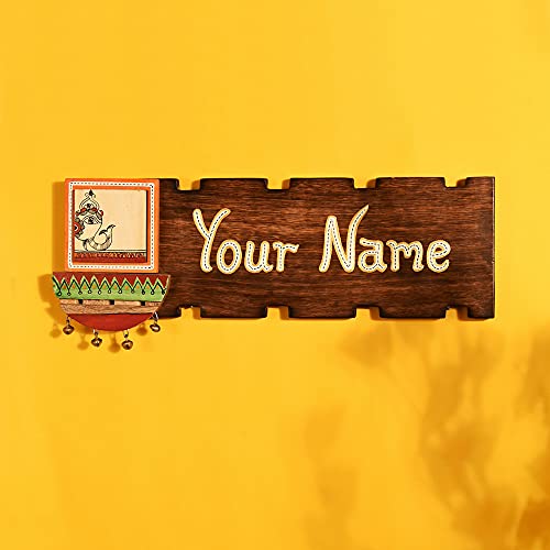 Image of Aakriti Art Creations Madhubani Welcome Handcrafted Madhubani Folk Art Solid Wood Nameplate for Home Entrance | Traditional Name Plate for Home Entrance Outdoor | Wooden Name Plate | Name Plate for