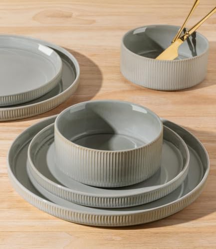 Image of Ceramic Dinnerware Set for 6, 18-Piece Plates and Bowls Set | Lightweight Porcelain Dish Set, Scratch Resistant, Oven & Microwave & Dishwasher Safe, Desert Sage
