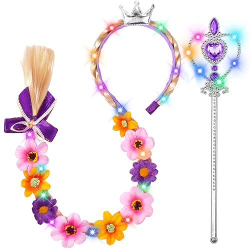 Princess Accessories for Little Girls, Light Up Braided Wig with Tiara Wand