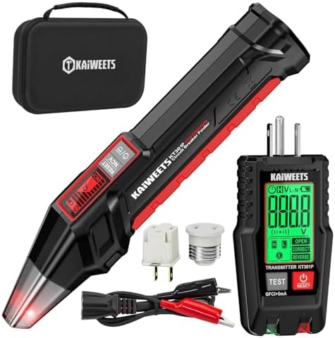 KAIWEETS Circuit Breaker Finder with LCD Display, GFCI Outlet Tester, Electrical Circuit Tracer Tool with NCV Test & Flashlight, Includes Carrying Case and Adapters- KT301P
