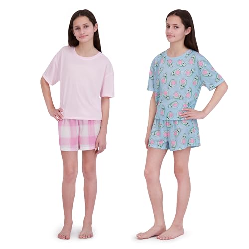Girls Pajamas Sets- 4-Piece Cute Short Sleeve & Shorts PJ Set, Pink Girls’ Sleepwear, Kids Pajamas Sizes 5-162