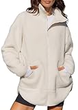 LASLULU Womens Fuzzy Fleece Oversized Zip Up Jacket Warm Winter White Sweaters Stand Collar Sport Athletic Long Sweatshirts Sherpa Coat Going Out Tops(Cloud White Large)