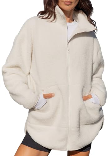 LASLULU Womens Fuzzy Fleece Oversized Zip Up Jacket Warm Winter White Sweaters Stand Collar Sport Athletic Long Sweatshirts Sherpa Coat Going Out Tops(Cloud White Medium)