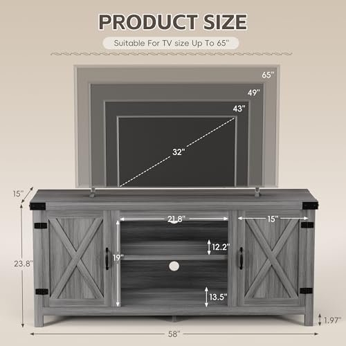 YESHOMY Modern Farmhouse TV Stand with Two Barn Doors and Storage Cabinets for Televisions up to 65+ Inch,Entertainment Center Console Table,Media Furniture for Living Room, Grey