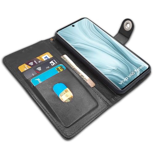 Image of Pikkme Flip Cover Leather Finish | Inside TPU with Card Pockets | Wallet Stand and Shock Proof | Complete Protection Button Flip Case for Vivo V40 5G / V40 Pro 5G / T3 Ultra 5G (Black)