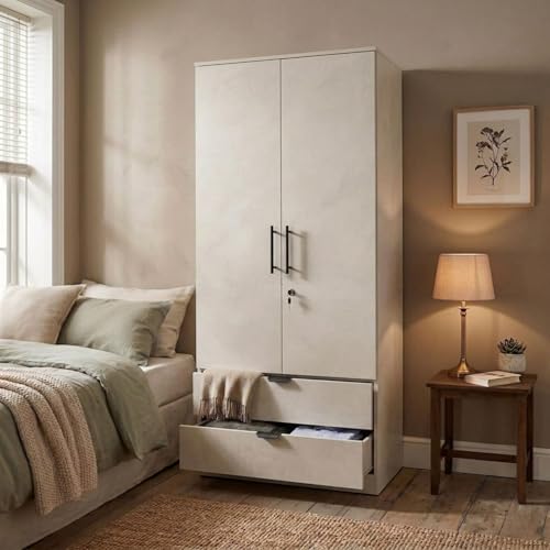 Image of FFO Keris 2 Door Wooden Wardrobe with 2 Drawers, Hanging Rod & Storage Shelves | Modern Clothes Almirah Cabinet with Lock & Black Handles for Home White DIY.
