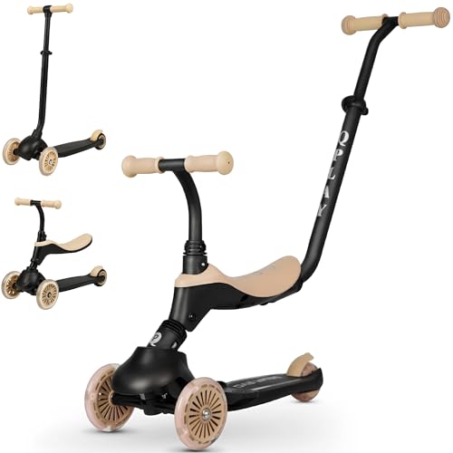 Qplay SEMA Patinete 3 en 1 para Niños con Luces LED, Correpasillos y Patinete Evolutivo, Modo Empuje Parental, Manillar Ajustable, Ruedas de Goma Sin Pinchazos, Freno Trasero, 36-72 Meses (Beige)
