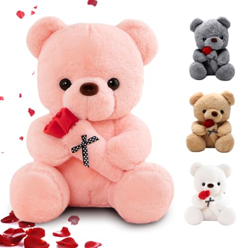 RANJIMA Oso de peluche con rosa, bonito juguete de peluche, regalo para novia, mujer, peluche, para cumpleaños, Navidad, día de San Valentín (35 cm, rosa)