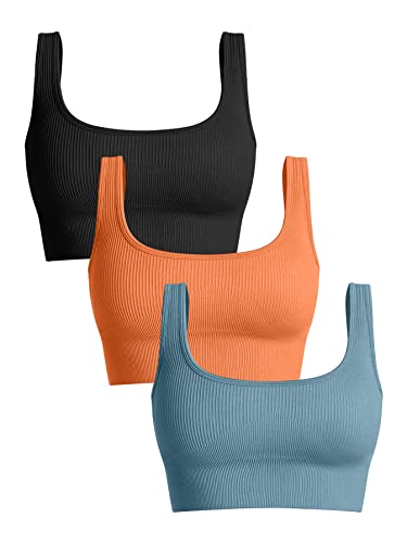 Oqq Women's 3 Piece Medium Support Tank Top Ribbed Seamless Removable Cups Workout Exercise Sport Bra Black Orange Blue #TOP9