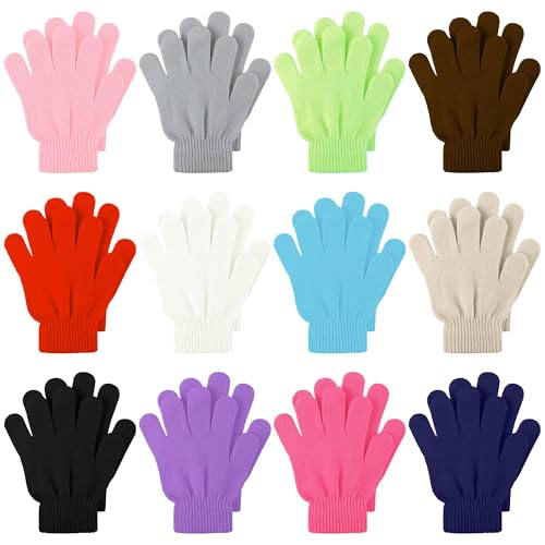 Cooraby 12 Pairs Kid's Winter Magic Gloves Children Stretchy Warm Magic Gloves Boys or Girls Knit Gloves (12 Mixed Color)