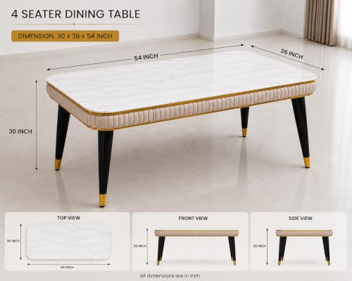 Image of WOODEN SPACE Majestic 4 Seater Wooden Dining Table Set | Urban Marble Top Dining Table with Chairs for Dining Room & Kitchen (Modern Classic Printed Beige) (54 x 36 x 30 inch)