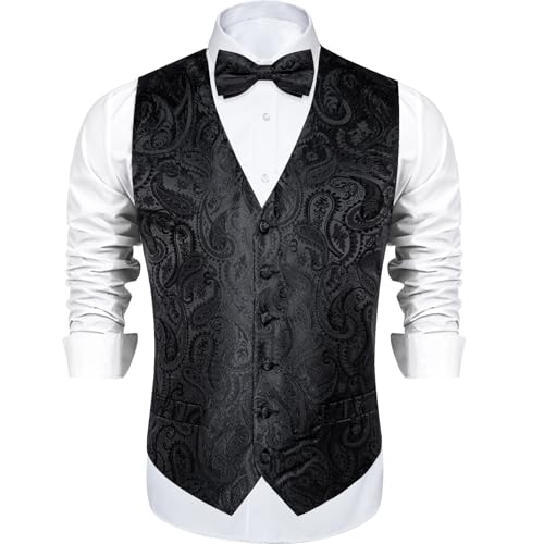 Men’s Paisley Formal Vest Set Suit Waistcoat with Necktie, Bow Tie, Pocket Square & Cufflinks for Wedding,Tuxedo3