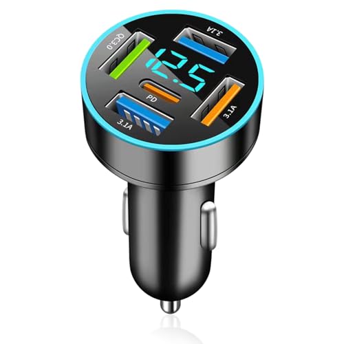 5-Porte Caricabatterie Auto USB C, 66W QC3.0 & PD Caricatore Veloce Con Presa per Cellulare, Accendisigari Con Voltmetro LED per iPhone, Android, Samsung