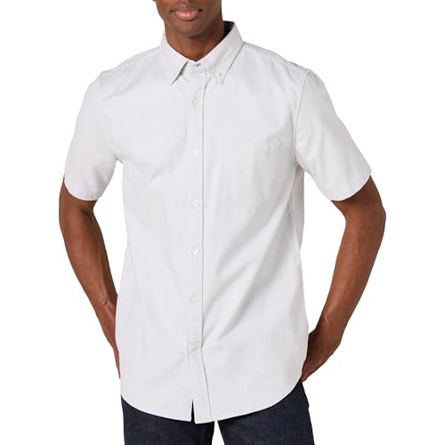 Amazon Essentials Men's Slim-Fit Short Sleeve Stretch Oxford Shirt with Pocket, Light Grey, Large