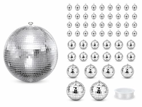Bola espejada de discoteca de 16 pulgadas y paquete con 54 bolas espejadas mini, decoración para Navidad, fiestas, bodas y manualidades miniatura 1