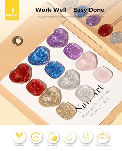 BURANO Poly Extension Gel Nail Kit, 6 Colors Nail Poly Nails Builder Gel Set for Beginner & Professional Using, DIY Starter Kit Nail Art Gift (Glittery)