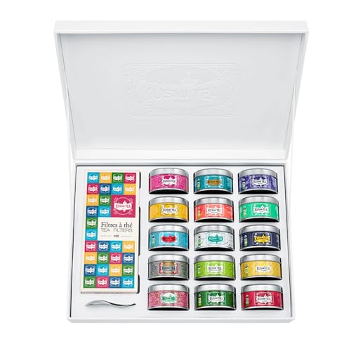 Kusmi Tea - The Collection - 15 Recetas Icónicas + 100 bolsitas + cuchara de té - Té Orgánico - Té Negro, Verde, Blanco - Hojas Sueltas - 15 Variedades en Latas de 25 g