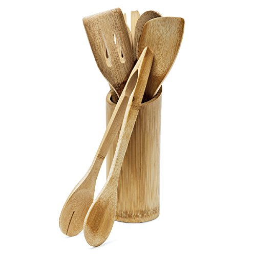 Relaxdays Küchenhelfer Set Bambus 7-teilig 30 cm lang als Kochlöffel Set aus Holzlöffel Pfannenwender (je 2) und Salatzange Gabel mit Halter bzw. Ständer für Kochbesteck...