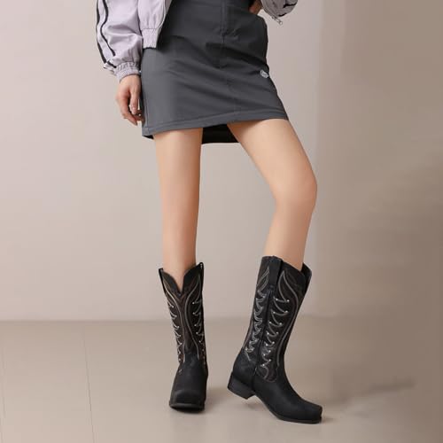 Womens Retro Embroidered Western Cowgirl Cowboy Boots Square Toe Pull On Casual Boots Mid Calf Low Heel Gypsy Boots4
