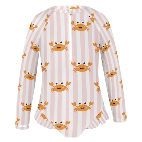 Crab Pattern on Stripes Girls Rash Guard Swimsuits Long Sleeve One Pieces Bathing Suit UPF 50+ Zipper Swimwear2