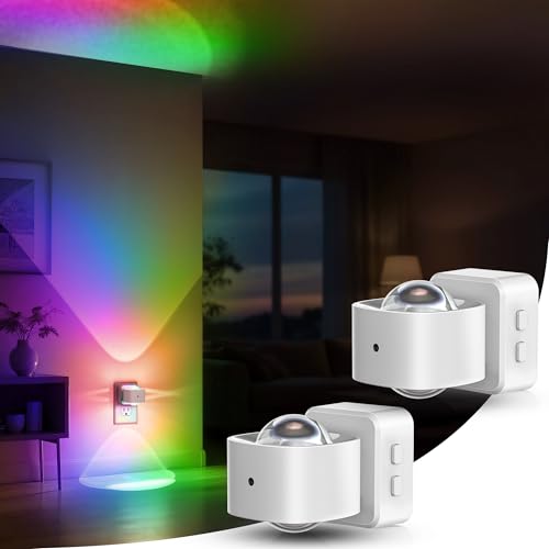Image of Briignite Night Light Projector, RGB Color Changing Night Light for Kids, 180 Rotating Night Lights Plug into Wall, Dusk to Dawn Sensor, RGB Ambient Lighting for Gaming Room Gifts, White, 2 Pack