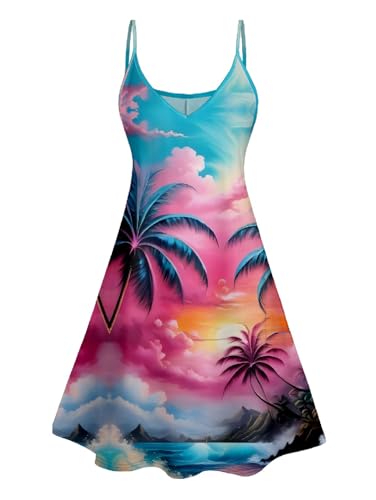 Image of DRESSFO Couple Matching Hawaiian Outfits Gothic Print V Neck Spaghetti Strap Dress or Roll Up Sleeve Shirts Outfit