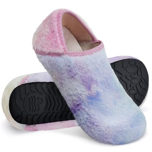 Image of WateLves Womens & Mens Lightweight Cozy Faux Furry House Slippers - Rubber Sole Slip On Sock Shoes - Foldable Travel Slippers - Indoor & Outdoor