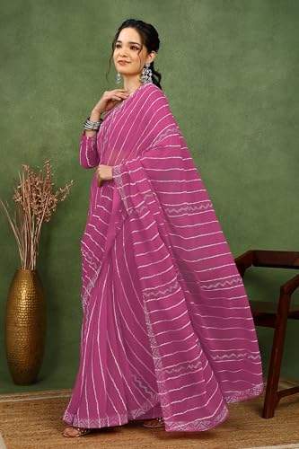 Image of MIRCHI FASHION Saree for Woman Georgette Solid with Satin Stripes | Stone Border Farewell and Ceremonial Sari with Blouse Piece