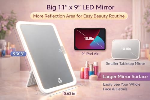Image of HIMART Rechargeable Travel Makeup Vanity Mirror with LED Lights | Portable Lighted Cosmetic Mirror, 3 Color Lighting, Dimmable Touch Screen, USB Powered Beauty Mirror