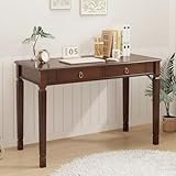 Large Computer Desk With 2 Storage Drawers, 46" Home Office Desks- , Elegant Wood Writing Desks with Carved Legs, Classic Vanity Dressing Table for Living Room, Easy Assembly, Caramel Brown BSZ-D1258