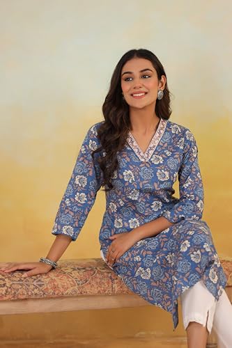 Image of Ichaa Women's Pure Cotton Embroidered V-Neck Ethnic Kurta with 3 /4th Sleeve for Daily and Office Wear, in Plus Sizes
