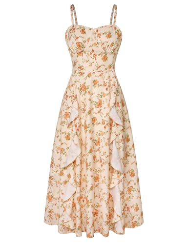 Belle Poque Womens Floral Dress Orange Spring Tea Garden Party Dress Midi Brunch Dress Orange and White Floral, 2XL