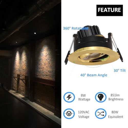 Image of POPANU Premium Shiny Gold 3-inch LED Recessed Lights - 5 CCT 3 Inch Eyeball Ceilling Gimbal Potlight, Dimmable Recessed Lights Fixture with Junction Box, 8W CCT Adjustable, Shiny Gold, 6P