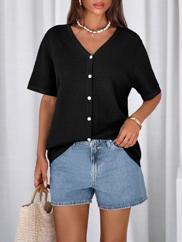 Image of NALANISA Women's Short Sleeve Sweater Spring Summer Crochet Knit Tops 2026 V Neck Striped Button Down Dressy Casual Blouses