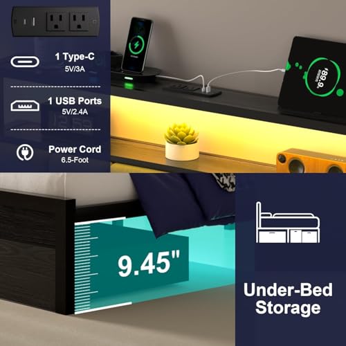 Image of Full Bed Frames with Storage Drawer, Platform Bed with Charging Station and LED Lights, Upholstered Headboard with 2-Tier Storage Shelves, No Box Spring Needed
