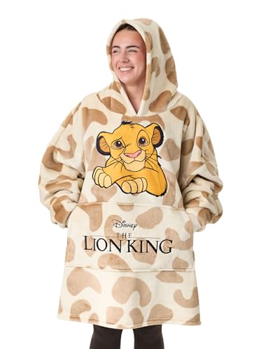 Disney Sudadera con Capucha Tipo Manta portatil para Mujer El Rey Leon | Jersey con Capucha Color Beige para Adultos con Bordado del Personaje Simba y Estampado Animal en Toda la Prenda