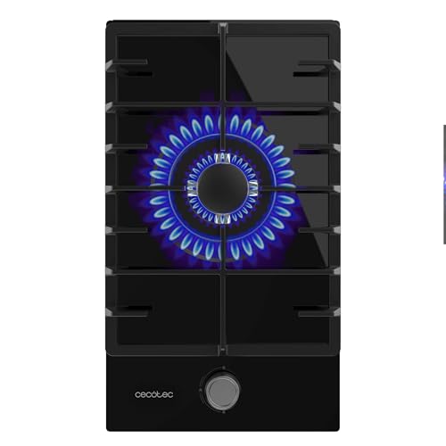 Cecotec Placa de Gas Butano y Natural 1 Fuego Bolero Squad G 1200F Glass Black. 3500W, Cristal Negro, Parrillas Completas Hierro Fundido, WOK Triple Corona, Encendido Eléctrico, Sistema de Seguridad