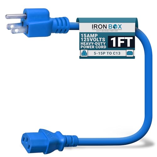 Image of IronBox Electric - Heavy-Duty 5-15P to C13 Power Cord - 3 Prong 15A 125V 14 /3 SJT PC Cable - Cord for Computer, Monitor, Subwoofer, Amplifier - Cable for Power Supply - (Blue 1 Foot)