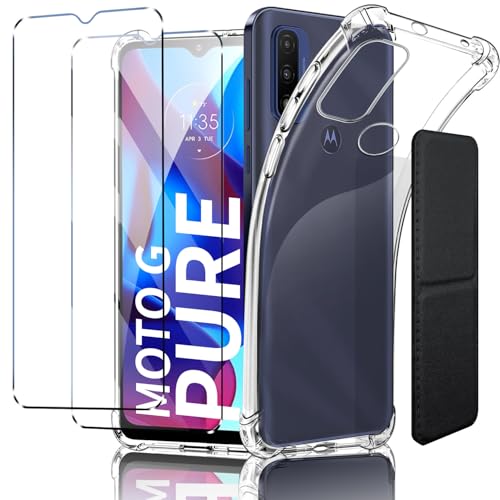 SKYX KAISHITE for Motorola Moto G Pure 2021 Case, Shockproof TPU Clear Cover with 2 Pack Tempered Glass Screen Protectors & Leather Kickstand (3M Adhesive Mount) for Stand/Horizontal Viewing, Clear