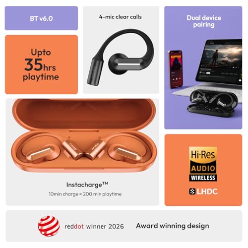 Image of Noise Alt Buds Open Wireless Open-Ear Earbuds (2026), Red Dot Award-Winning Design, Hi-Res LHDC Audio, AI-Powered, Quad Mic ENC, App Support, Up to 35H Playtime, Bluetooth v6.0 (Chosen Orange)