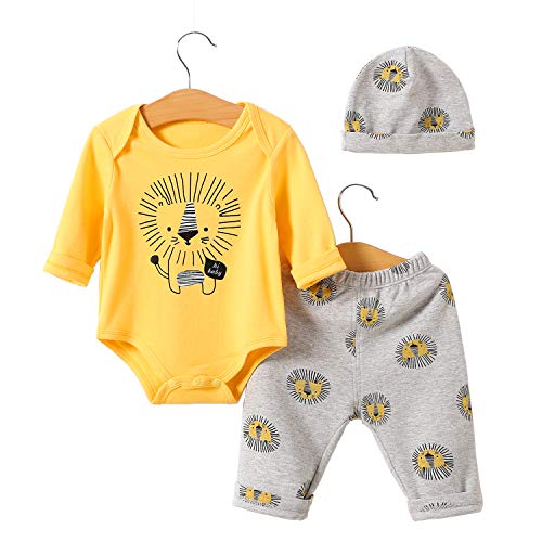 YFYBaby Newborn Baby Boy boy Clothes Infant Cute Lion Print Romper+Pants+Hat Outfits Set Yellow