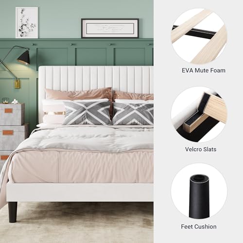 Image of Allewie Queen Bed Frame, Velvet Upholstered Platform Bed with Adjustable Vertical Channel Tufted Headboard, Mattress Foundation with Strong Wooden Slats, Box Spring Optional, Easy Assembly, Off-White