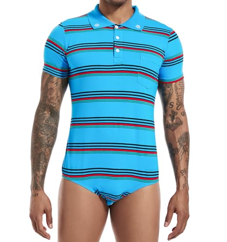 Mens Short Sleeve Bodysuit Polo Shirt Stripe Romper One Piece Plus Size Pajamas Tops for Men3