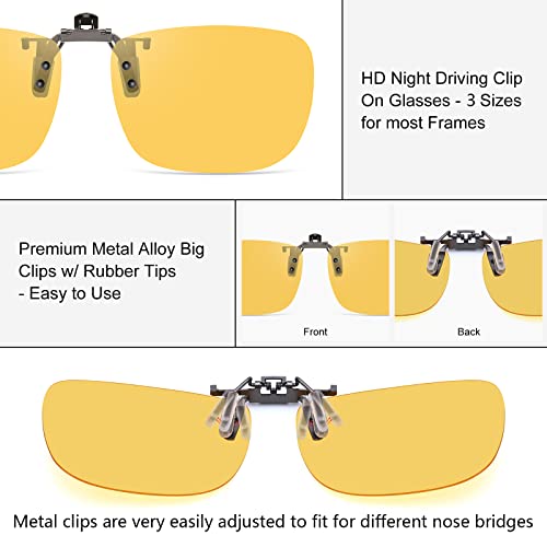Image of CAXMAN Clip on Sunglasses and Clip on Night Driving Glasses over Prescription Eyeglasses Flip up for Men Women Anti Glare HD Polarized for Night Vision, Grey & Yellow Lens Extra Large 60*47mm 2 Pack