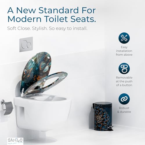 Image of Sanilo Wooden Toilet Seat with Quick Release & Soft Close [ROUND] - Decorative & Slow Close Molded Wood Seat - With One Click for Easy Installation & Cleaning - With Adjustable Fit (Mariposa)